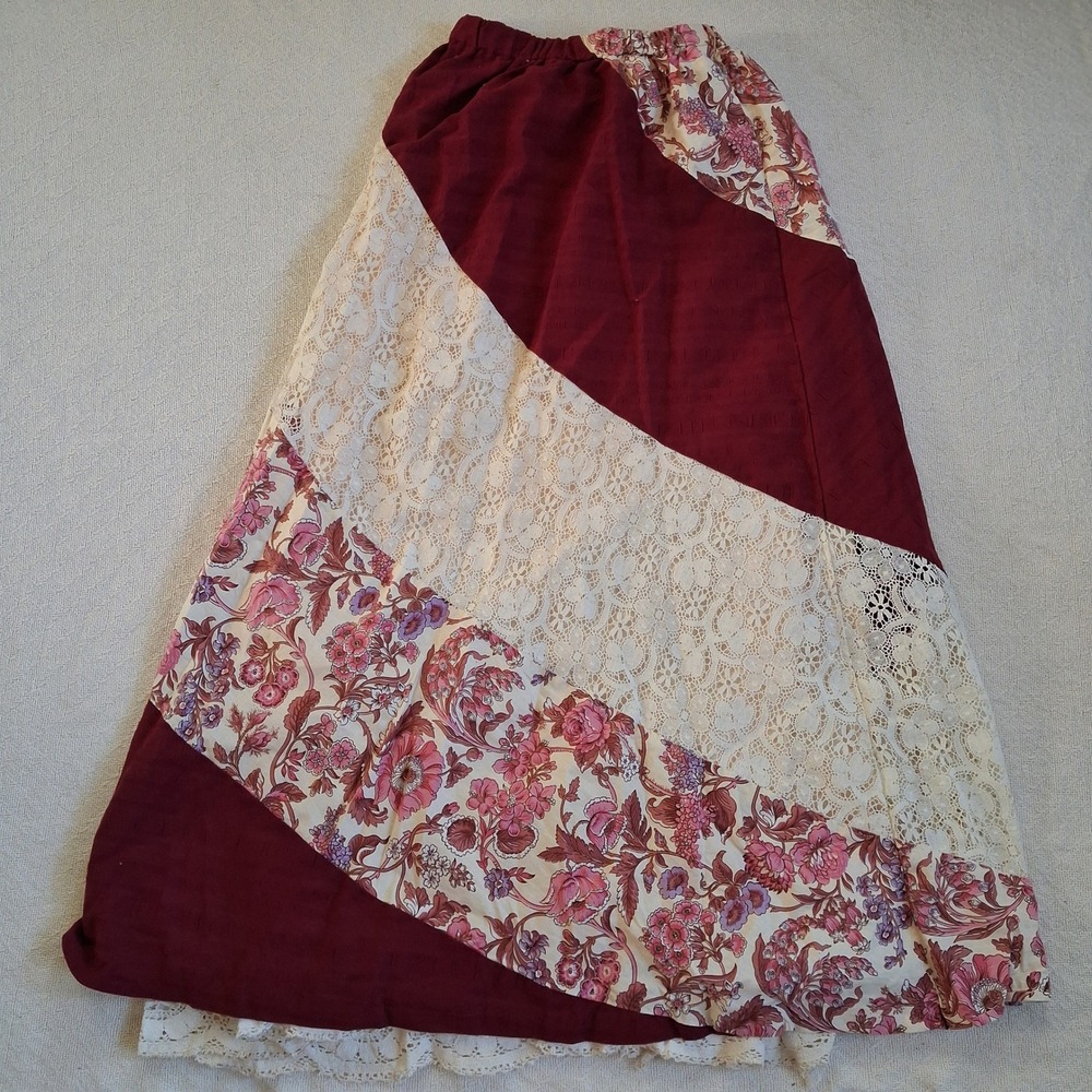 joy stevens california vintage 70s patchwork maxi skirt lace boho cottagecore